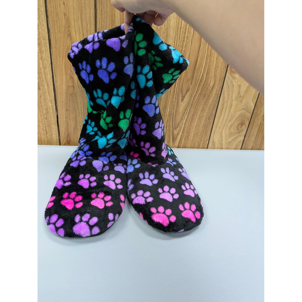 Whimsical Fleece Paw Print Slipper Booties Womens L/XL‎ Colorful Animal Rescue